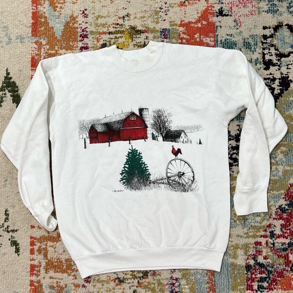 Vintage 1980s Barn Winter Landscape Outdoor Country Crewneck 80s Sweatshirt - Picture 1 of 3